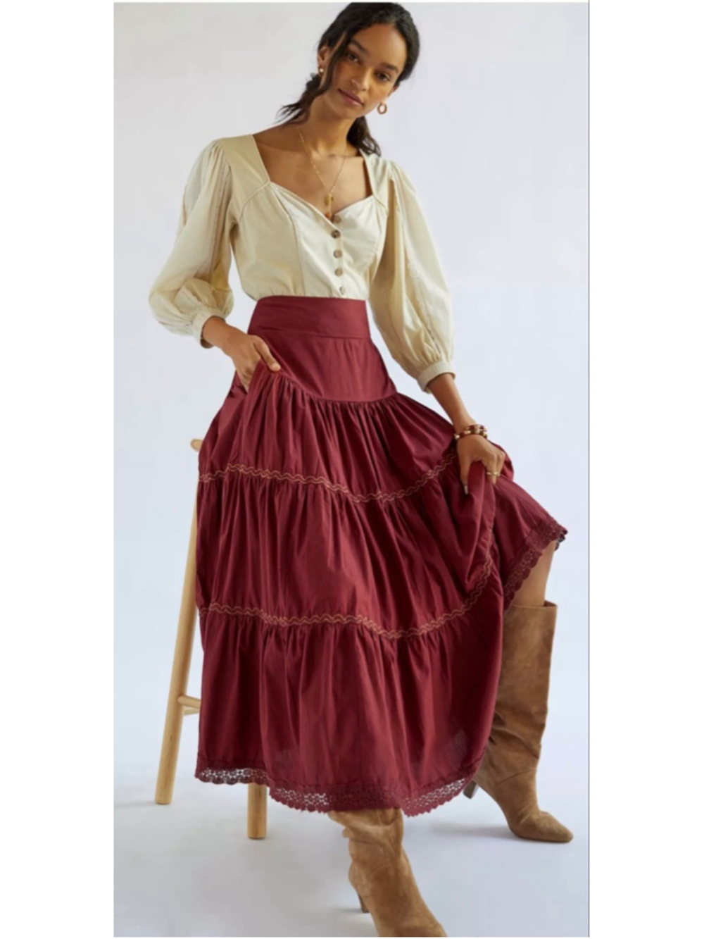 Anthropologie Tiered Prairie Skirt Burgundy Cotton Lace Cottagecore Boho Large - Picture 2 of 11